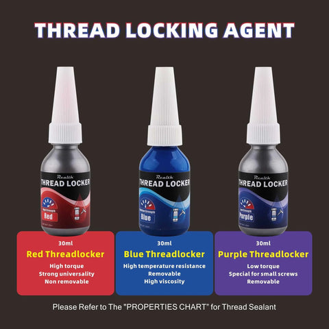 3 Pack Thread Locker Set for Metal Fasteners - Red, Blue, Purple Bottles, High, Medium, Low Strength. Prevents Loosening and Vibration.
