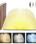 Open wooden folding mood light book lamp with USB rechargeable battery, large size LED night light for desk or nightstand.