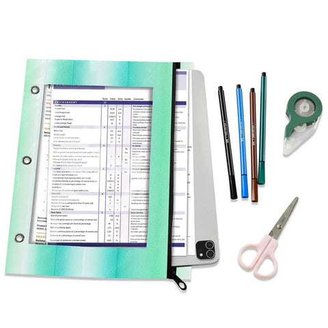 Green Turquoise Striped Zippered Coupon Binder Organizer shown with pens and scissors, clipped into a binder for savings