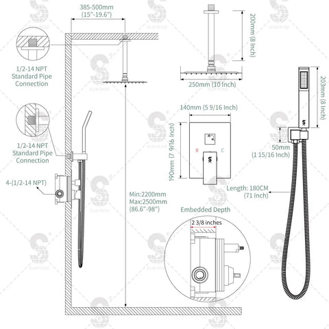 Ceiling Mounted Shower System With Rain Shower Head, Matte Black Finish, 10 Inch Shower Kit, diagram with dimensions and components.