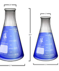 Five Piece Narrow Mouth Erlenmeyer Flask Set in Borosilicate 3.3 Glass with 1000ml and 500ml capacities, displayed with dimensions.