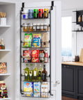 Six Tier Over The Door Pantry Organizer Rock Solid Metal Hanging Kitchen Basket with spices and condiments on display.
