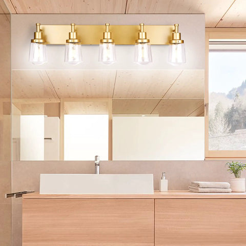 Gold Finish 5 Light Vanity Light Fixtures With Clear Glass Shades For Bedroom Hallway Living Room And Kitchen Deliver Lit Modern Glow
