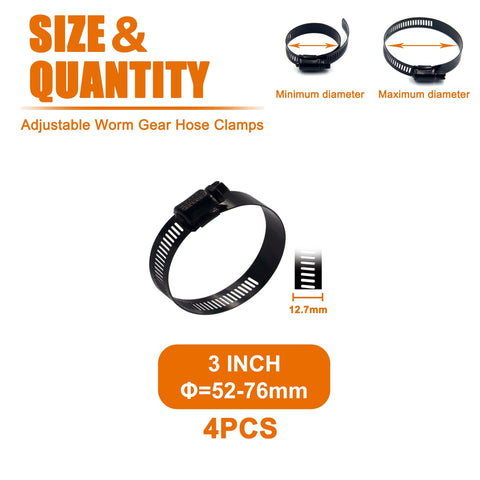 4 Pack 3 Inch Stainless Steel Adjustable Hose Clamps 52 to 76mm Worm Gear Clamp for Fuel Line Plumbing Automotive and Mechanical Uses Heavy Duty Black Coated 304 Stainless Steel