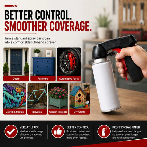 Ergonomic Spray Paint Trigger Handle Two Pack Relieves Hand Fatigue With Comfortable Pump Style Gripper For Standard Aerosol Cans held in use.