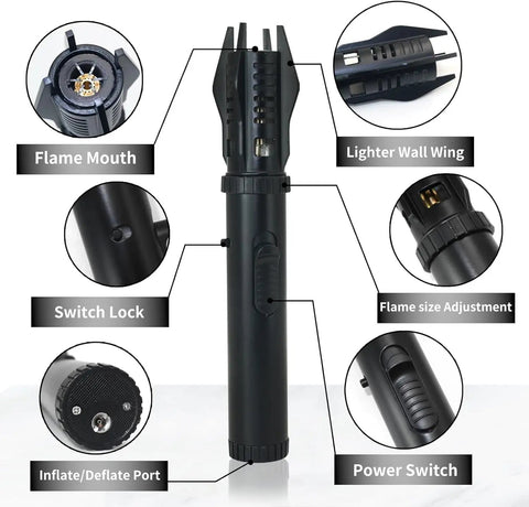 Refillable Butane Torch Lighter With Safety Lock And Adjustable Red Blue Jet Flame Windproof, labeled parts and features shown
