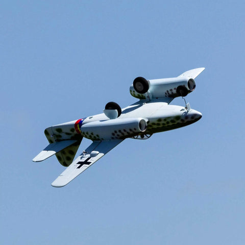 Me 262 EDF RC Warbird Airplane Bind N Fly Basic Jet Fighter Model in flight against clear sky