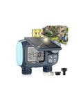 Solar Powered Sprinkler Timer With Brass Inlet Dual Outlet Garden Hose Controller shown with attachments and garden