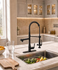RUMOSE Matte Black Commercial Kitchen Faucets with Pull Down Sprayer in modern kitchen, featuring a sleek design and 360° swivel.