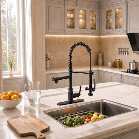RUMOSE Matte Black Commercial Kitchen Faucets with Pull Down Sprayer in modern kitchen, featuring a sleek design and 360° swivel.