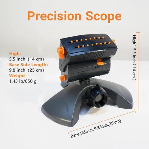 Mini Turbo Oscillating Garden Sprinkler With Large Base 16 Nozzles Adjustable Width And Range Three Watering Modes Gray No Fuss Setup For Thorough Yard Coverage And Lawn Hydration mounted on gray base