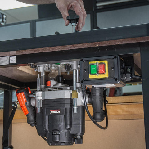 Beefy Dual-Mode Plunge Router 3-1/4 HP With 1/2 Inch Collet mounted under a table, featuring precision centering system