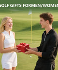 Two people exchanging a gift on a golf course, labeled 'GOLF GIFTS FOR MEN/WOMEN'.