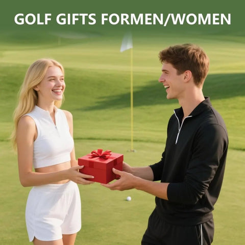 Two people exchanging a gift on a golf course, labeled 'GOLF GIFTS FOR MEN/WOMEN'.