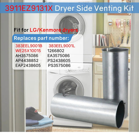 Laundry setup with Upgraded Dryer Venting Kit With Side Or Bottom Venting, easy airflow installation ducts, and replacement numbers.