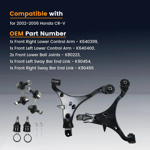 Front Lower Control Arm Kit With Ball Joints For 2002 2003 2004 2005 2006 CR V SUV Suspension Kit Left And Right Sway Bar Links 6 Piece Set Bolt On Direct Fit Replacement With Premium Ball Joints And Durable Arms For Smoother Handling. Front suspension parts laid out.