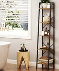 Rustic Brown Ladder Shelf Corner Bookcase Industrial Style Freestanding Multipurpose Display Rack For Books Plants And Cozy Home Setup With Heavy Duty Frame in bathroom corner holding toiletries.