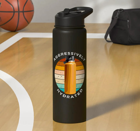 Aggressively Hydrated Runner Water Bottle Stainless Steel Insulated Leakproof Gym Gear with retro rainbow graphic on court