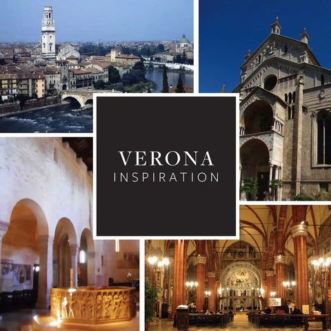 Collage of Verona cityscapes and architecture highlighting inspiration for Gold Finish 1-5/16 Inch Knob design, 5 Pack.
