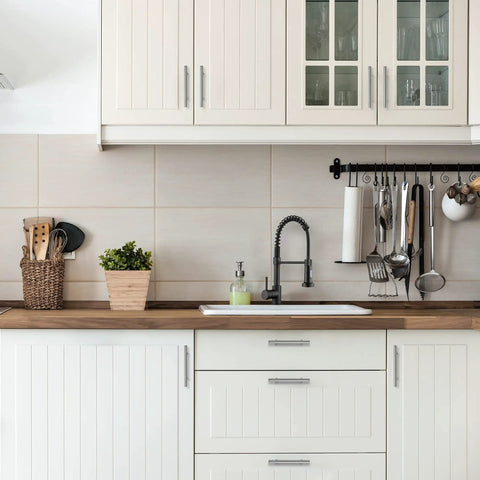 Modern kitchen with 30 Pack Brushed Nickel Cabinet Pulls, 6.3 Inch Length, 4 Inch Hole Center, Stainless Steel Kitchen Cupboard Drawer Handles.