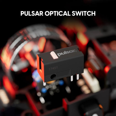 Pulsar optical switch featured in a close-up view against a blurred gaming mouse background, emphasizing precision components.