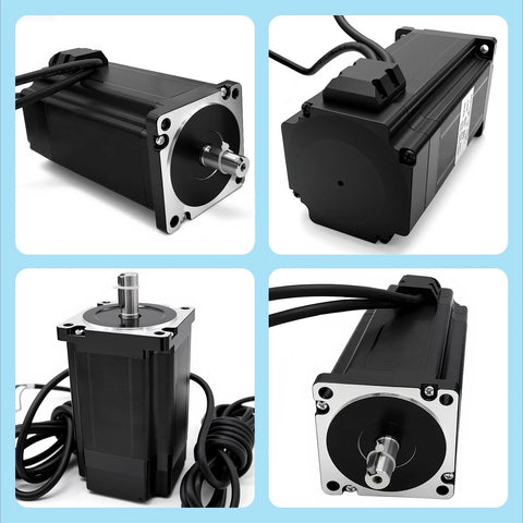 NEMA 34 closed-loop stepper motor kit; black housing, silver shaft, encoder cables (four-view collage)