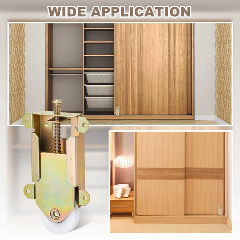 8 Piece Replacement Set Of Sliding Closet Door Rollers Two And A Half Inch Mounting With One And A Half Inch Nylon Concave Ball Bearing Wheels For Sliding Glass Doors And Screen Door Hardware Fits shown with installation examples on closet doors