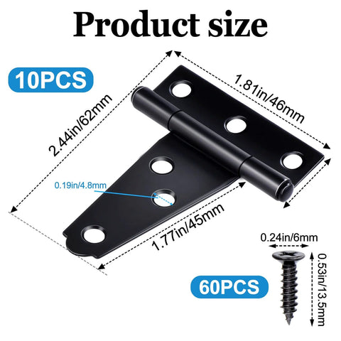 10 Pack 2 Inch Matte Black T Strap Shed Hinges For Barn Doors And Gates Heavy Duty with product size dimensions and screws shown