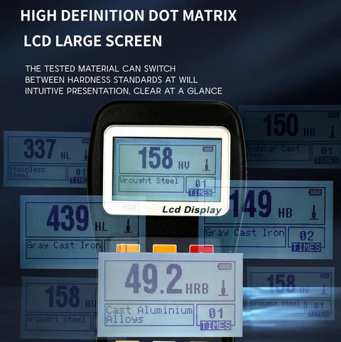 "Portable Hardness Tester Handheld On The Go With Built In Printer Color Display And 600 Data Memory Measures Steel Cast Iron Alloy Tool Steel Aluminum Brass Copper Ductile Iron And Forged Steel On Seven Hardness Scales displaying results on LCD screen."