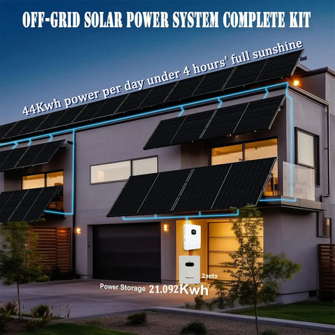 Massive 11kw Off Grid Solar Power System No Sweat Complete Kit Featuring Twenty 550w Panels installed on a modern house.