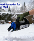 Three Setting Handheld Spreader For Lawn And Garden Fertilizer Grass Seed Salt And Ice Melt With A Two And A Half Liter Hopper And Easy Flow Control, being used for spreading ice melt on snow.
