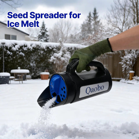 Three Setting Handheld Spreader For Lawn And Garden Fertilizer Grass Seed Salt And Ice Melt With A Two And A Half Liter Hopper And Easy Flow Control, being used for spreading ice melt on snow.