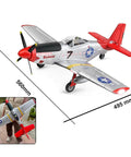Monster 560mm Wingspan P-51D Mustang RC Plane With 4CH Control, silver body, red tail, and scale dimensions shown