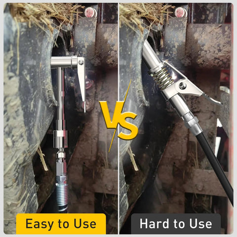 90 Degree Grease Gun Coupler Set Right Angle Zerk Fittings Adapter for Tight Spaces shown in easy and hard use comparison