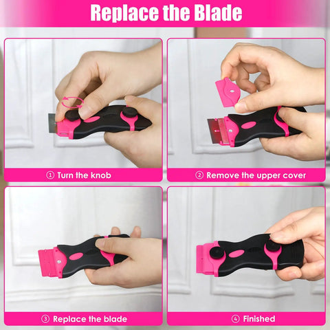 Pink Razor Scraper Kit With 3 Scrapers And 45 Replacement Blades step-by-step blade replacement instructions.