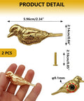 2 Pack Vintage Bird Cabinet Knobs in Brass Gold Finish, shown with measurements and hand-held view, includes installation hardware