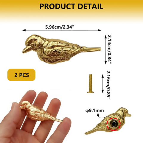 2 Pack Vintage Bird Cabinet Knobs in Brass Gold Finish, shown with measurements and hand-held view, includes installation hardware