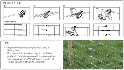 Installation instructions for Easy Fencing Wire Joiner Medium Gauge 10 To 13.5 One Step Joint and tension with stock fence example.