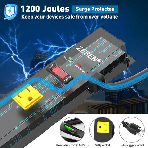 Heavy Duty 12 Outlet Power Strip With Wide Spaced Outlets 4 Foot Cord Surge Protector 1875W ETL Certified Auto Shutoff