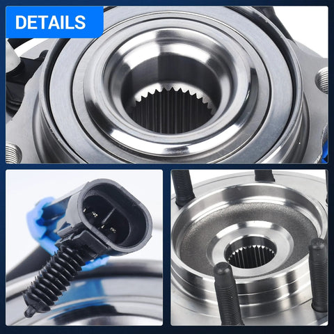 Front Wheel Bearing And Hub Assembly For 2001 To 2007 Chevy Silverado 1500 HD 3500 Avalanche Suburban 2500 And GMC Sierra 1500HD 2500HD 3500 Yukon XL 2500 8 Lug With ABS Pair, close-up details of metal construction and ABS connector