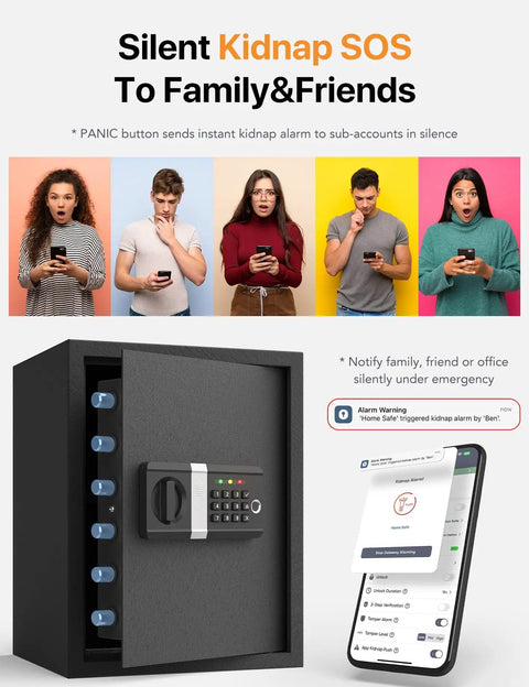 Smart Fingerprint Safe Box With WiFi App Unlock Real Time Alarm Voice Command Kidnap SOS Tamper Proof Design next to smartphone app