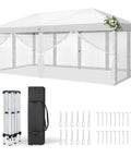 10x20 Pop Up Canopy With Sidewalls And Carry Bag Easy Up Screened Gazebo For Camping Backyard Parties BBQs Picnics Bug Free Netting Quick Setup Shade Shelter, showing assembled shelter with included frame, bag, and accessories