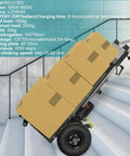 Heavy Duty Electric Stair Climber Dolly Cart with Motorized Motor, 880 Lb Capacity Folding Hand Truck For Moving Furniture loaded with boxes on stairs.