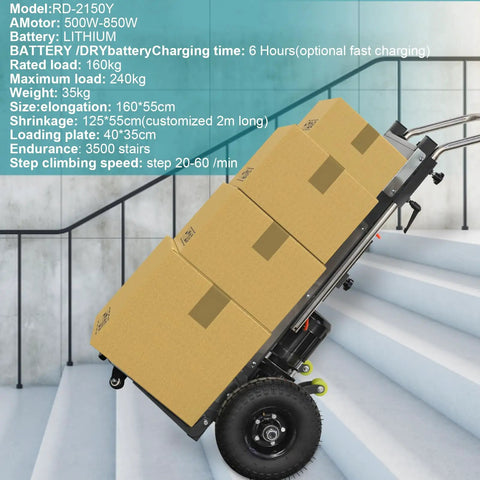 Heavy Duty Electric Stair Climber Dolly Cart with Motorized Motor, 880 Lb Capacity Folding Hand Truck For Moving Furniture loaded with boxes on stairs.