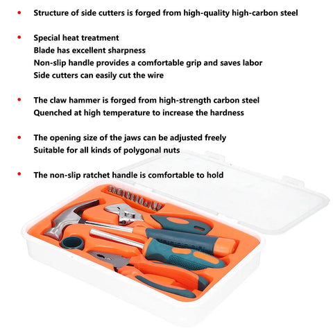 17Pcs Carbon Steel Hardware Tools Set with hammer, wrench, pliers, bits, and ratchet handle in open case for home and auto repairs