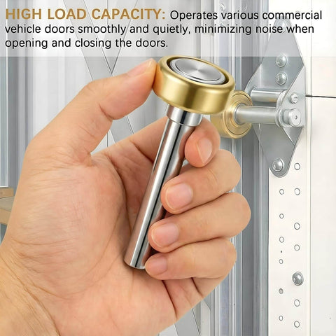 Hand holding 12 Pack Built Tough Heavy Duty Truck Trailer Door Rollers Replacement Parts For Box Trucks And Commercial Vehicles, Seven Sixteen Inch Diameter By Two And Three Quarters Inch Long Rod, Steel Wheel Rollers.