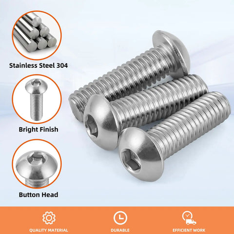 Hefty 100 Piece Assortment Of M5 Metric X 16 Mm Button Head Socket Cap Screws Built From Legit 304 Stainless Steel With Rock Solid Hex Allen Drive For Serious Garage Work, showing stainless screws with button heads.
