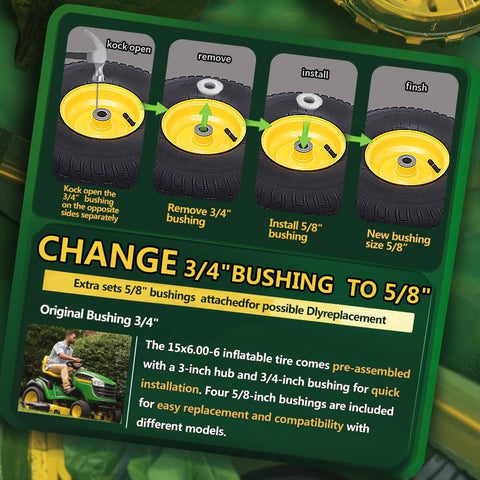 Instructions for installing Front Tire And Wheel Assembly 15x6.00-6 For Riding Lawn Mowers with 3-inch hub and bushings.