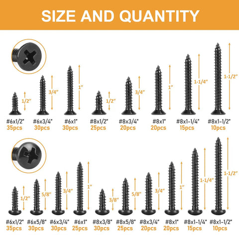 Ultimate Black Oxide 304 Stainless Steel Wood Screws Set With Pan Head And Flat Head Phillips Drive Self Tapping Assortment Kit In Half Inch To One And A Half Inch Lengths 425 Pieces Sizes Six And Eight Everyday Handy screws lineup showing size and quantity