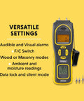 Pin And Pinless Moisture Meter With Temperature And Humidity Water Leak Detection Tool for Homes Mold Prevention and Drywall Repair Fast Accurate Moisture Readings for DIYers and Renovations with versatile settings and audible alarms.
